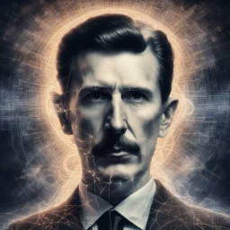 double exposure image of portrait of pensive Nikola Tesla in an aura of electrical bolts from dramatic tesla coils, ethereal photo layered science formulae and molecular compound schematics, Genius, dramatic, cinematic, movie poster composition by Drew Struzan and Andreas Lie, hyperrealistic, vintage tones