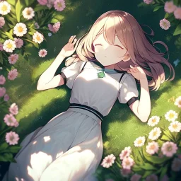 anime girl sleeping in a field of flowers