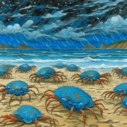 A blue beach with crabs in a rainstorm designed in Japanese Oni masks painted by Vincent van Gogh