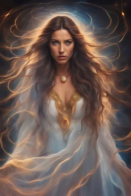 Beautiful, sensual, wonderful goddess with long flowing hair, terrified face, trapped in a glowing light energy barrier, suffering and crying - horizontal image thumbnail for YouTube