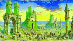 Destroyed City, medieval ruins, debris, stone, breched, brocken, Perspektiv from the sky, by Jean-Baptiste Monge, Ivan Bilibin, Albert Bierstadt, Reza Badrossama, watercolor, intricate details, fantasy, beautiful, oil on canvas, award winning, imperial colours, fantastic view, radient colours, very attractive, crisp quality