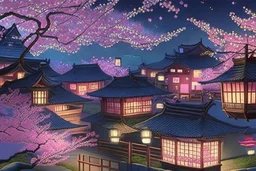 Cherry blossom trees at night and Japanese houses with lanterns