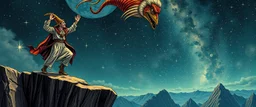 the fool from major arcana,dancing joyfully on the edge of a cliff, close up portrait of dj magic farmer pilot looking down on cam, with background in the style of escher and giger, a chill contrapunctus fugue in the style of fsol, beethoven,