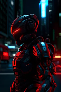 A cybernetic soldier in a red-lit helmet lighting, intricate black armor design, futuristic cyberpunk cityscape, with a strong pose 16K resolution