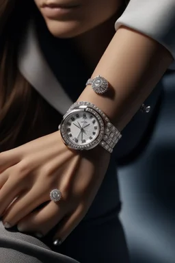 A stylish woman's wrist adorned with a stunning diamond-studded watch that perfectly complements her elegant attire.