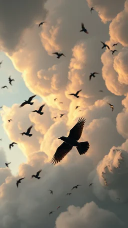a view of birds flying in rusted broken metallic clouds texture in a 3d rendering full-height image of a black bird in a dark scene. Ensure the final images exhibit the utmost quality, encompassing 4K, 8K, and 64K resolutions, with 3D rendering that manifests in photorealistic, hyperrealistic, and highly detailed representations. Employ techniques such as HDR, UHD,