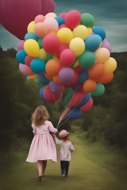 Carry a little girl home my trusted balloons, colorful, surrealism