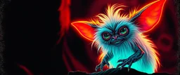 pen outline with some neon airbrush, glowing quickling gremlin in the shadows with long fluffy white fur, pin hole camera, glowing gritty border