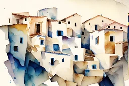 abstract geometric watercolour of a Greek village on rough textured bumpy plaster wall