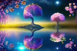 tree near the flowers, water reflection, galaxy, cosmos, science fiction, epic scene.