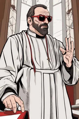 judgmental priest wearing sunglasses who looks like Hans Gruber red comic book style