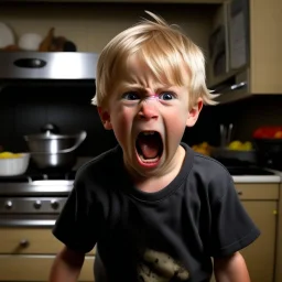 mach mir ein bild von einem dunkel blonden jungen der in der küche überfordert ist und schreit