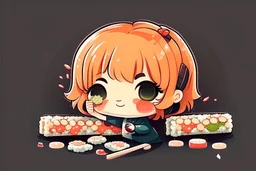 contented cute chibi girl eating sushi