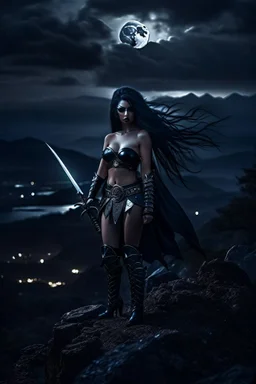 A BEAUTIFUL GIRL, BLACK LONG HAIRED, BIG BUB, NICE BODY, DRESSED A BLACK ARMOUR, WARRIOR AND AMAZON WOMAN, STAY ON TOP OF MPOUNTAIN, MOONSHINE AND FAIRY TURN AROUND HER, DARK NIGHT BACKGROUND,