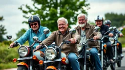 Elderly pensioners motorbike racing. Everyone is happy. Photographic quality and detail, award-winning image, beautiful composition.