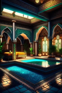 Arabic Islamic house with Arabic ornaments, bar light, creative,Arabic calligraphy, arabesques, highly detailed, pool, hyper realistic, beautiful garden, colourful