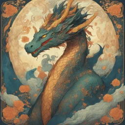 Bordered digital illustration of a Dragon Emperor by Victo Ngai. Art Deco, Tarot card, Hanafuda. High quality, masterpiece. Dungeons and Dragons.