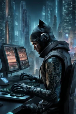 cyberpunk programmer black_Cat-human hybrid_Typing_on_computer_background binary codes, surrounded_by_mindent_3D_binary matrix codes and neutron mesh_etheral, Paranoid_sci-fi_in background_a_tall_cyberpunk_city, the cat hacker watchings monitor, Hyperrealistic texture, high detail, Sinister, cold dynamic lighting, dark-neon colors, Ultra_HD_intense_focus