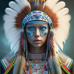 war painted pueblo Indian female,detailed eyes, blue eyes,, disturbed expression.intricate detaile,thnically accurate face, intricate head dress, detailed make-up, detailed turquoise jewelry, detailed hair, detailed feathers, use dynamic palette, accurate proportions, high contrast black smokey bokeh background.studio ghibli,andrea bonelli,Kilian Eng,Ohrai, korra character, style.