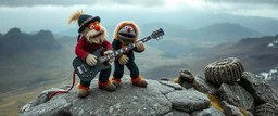 masterfully knitted heavy metal muppet puppet band all playing on one huge enourmous big guitar on the top of ben alder mountain in scotland