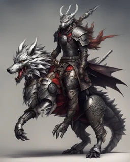 A combination of a dragon and a wolf and a commander riding on it Warrior warrior with leather and metal clothes and robotic metal