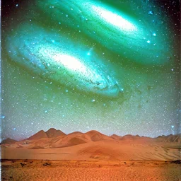 Sky and galaxies over a desert, astrophotography, surreal, Max Ernst