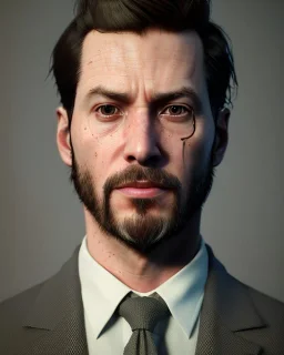 Realistic image, hybrid character, minimal muppet head, man body, human arms and hands, Shirt and tie, concept art, Wes Anderson style, smooth, unreal engine 5, god lights, ray tracing, RTX, lumen lighting, ultra detail, volumetric lighting, 3d, finely drawn, high definition, 4k.