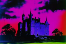 A purple castle in a thunderstorm painted by Andy Warhol