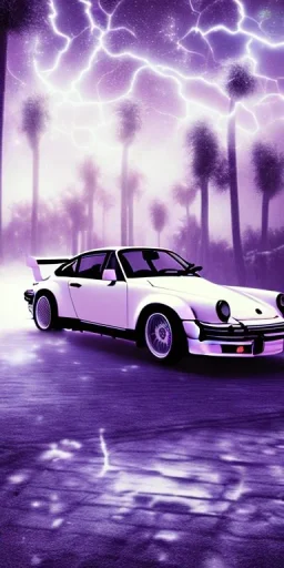 1980's aesthetic vaporwave palm trees with porsche in the winter snow with lightning