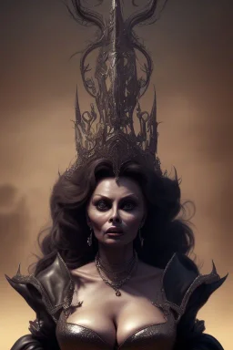 Sophia Loren as evil queen in black leather, cleavage, angry, stern look. character design by cory loftis, fenghua zhong, ryohei hase, ismail inceoglu and ruan jia. unreal engine 5, artistic lighting, highly detailed, photorealistic, fantasy