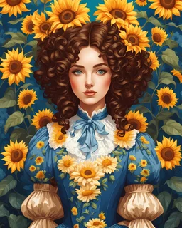 illustration art style. A beautiful girl with curly brown hair in a blue victorian dress with floral pattern, with beautiful and lovely eyes, surrounded by sunflowers.