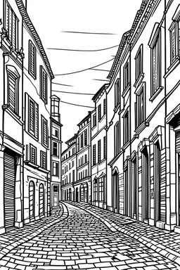 An image of a black and white line art vector illustration, depicting an old dowtown street in italy. The illustration should have clean lines and an overall minimalistic feel.