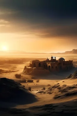 Ciudad antigua abandonada en el desierto vista desde una perspectiva panorámica iluminada por el atardecer en donde en segundo plano se encuentre una figura humana oscura subida encima de un camello