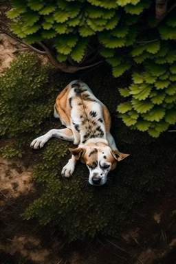 Un perro durmiendo abajo de un arbol boca arriba. Plano desde arriba. Corregir que el perro esté durmiendo boca arriba y la fotografía tomada desde arriba