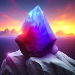 photograph of a (one massive colorful crystal:1.2) growing out of the rocky mountain, (focus on crystal:1.2), 4k, 8k, (highly detailed), ((landscape)),(translucent crystal:1.1), light going trough the crystal, bokeh, chromatic aberration, mountain view,