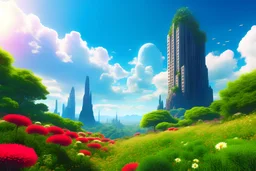 sunny day, clouds, city near the rocks, flowers, vegetation, sci-fi, epic