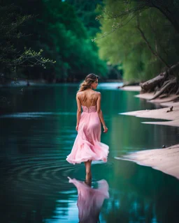 beautiful girl in pretty pink -blue dress walking in water toward camera in trees next to wavy river with clear water and nice sands in floor.camera capture from her full body front, spring blosom