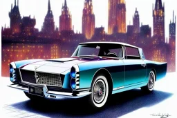 a true-to-life 1962 facel-vega facel ii, centered, intricate, extreme detailed, photorealism, center view, city background, pivot on facel, pen and color marker painting by cheryl kelley