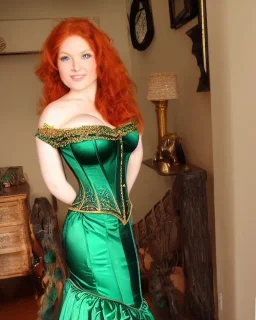 Busty princess with long auburn hair green eyes wearing a big dark teal green and gold satin ballgown corset off shoulder top casting magic full body and face