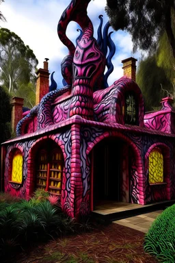 A blackish magenta demon chateau with chaotic fire designed in Australian aboriginal art painted by Hashimoto Gaho
