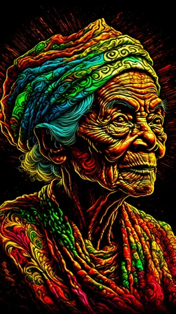 sharp, Rich color, high contrast, chiaroscuro lighting, solarpunk, Vietnameseold woman with wrinkles. summer heat, clean detailed faces, intricate clothing, graffiti paint, fine detail, full of color, golden ratio illustration by Dan Mumford