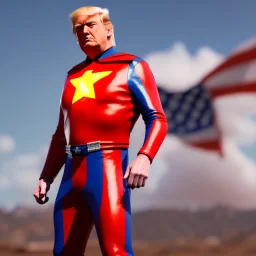 Realistic image of Donald trump super hero, retro style, watchmen style, red white blue colors, white stars, suspenders, latex material, 80s, vibrant color, highly detailed, sky background, concept art, unreal engine 5, god rays, ray tracing, RTX, lumen lighting, ultra detail, volumetric lighting, 3d, finely drawn, high definition, high resolution.