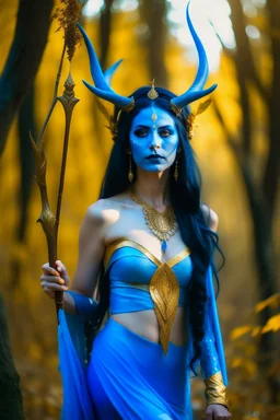 A picture of a beautiful blue faced Indian goddess with skin painted blue, blue body, blue torso, wild black hair, stag antlers, elven ears, golden skirt, holding a staff in a sunny forrest