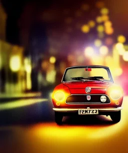 fiat 125p, city. high speed. bokeh. lens flare. warm lights. high detailed. oil on canvas