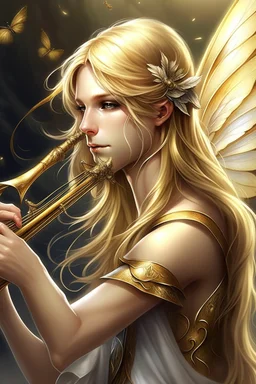 fee, männlich, libellen flügeln, hellblondes, langes Haar, Flöte spielend, lange spitze Ohren, goldene, auffällige Augen, realistisch