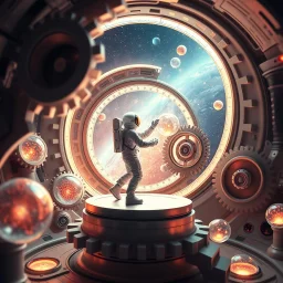 cifi recursive structures ,gears ,torus, crystal spheres in a galaxsy background,a Astronaut couple dancing in space station cabinet