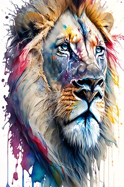 "lion", clean design, art station, splash of colorful paint, contour, ((solid white background)), gazing into camera, hyperdetailed intricately detailed, unreal engine, fantastical, intricate detail, splash screen, complementary colors, fantasy concept art, 8k resolution, DeviantArt masterpiece, watercolor, paint dripping