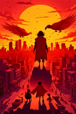 a big City, a shadowy red transparent figure appears in the sky with big bird, many dead bodies of children