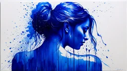 dissolving into tears: the women rear view, head bent forward, blue ink painting, rain