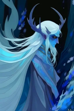 white blue hair winter cold sad frozen Eladrin Male icicle antlers beard druid